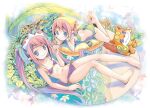  2girls animal_collar bangs barefoot bikini blue_eyes breasts brown_hair closed_mouth collar commentary_request dog flower frown green_bikini haitai_nanafa head_rest highres iina_(haitai_nanafa) innertube lace-trimmed_bikini lace_trim lana_(haitai_nanafa) legs_up long_hair looking_at_viewer lying multiple_girls navel niina_(haitai_nanafa) on_back on_stomach plant pointy_ears pop_(electromagneticwave) purple_bikini short_hair side-tie_bikini sidelocks small_breasts smile swimsuit twintails very_long_hair yellow_bandana 