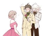 16_(0xhsk16) 2boys :d ^_^ ahoge alternate_hairstyle arm_up bangs bare_shoulders beige_jacket beige_pants beige_vest black_bow blush bow bowtie braid brown_hair brown_pants choker closed_eyes collared_shirt commentary_request danganronpa_(series) danganronpa_2:_goodbye_despair dress eyebrows_visible_through_hair flower flying_sweatdrops formal from_side green_shirt grey_hair hinata_hajime holding holding_flower jacket komaeda_nagito long_sleeves messy_hair multiple_boys nanami_chiaki off-shoulder_dress off_shoulder official_alternate_costume open_mouth pants pink_choker pink_dress pink_flower pink_rose profile rose shirt short_hair simple_background sketch smile suit two-tone_bow white_background white_bow white_jacket 