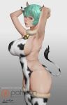  1girl animal_print aqua_hair ariverkao armpits arms_up ass bangs bell breasts brown_eyes cow_horns cow_print cow_tail dated fur_trim gradient gradient_background horns large_breasts looking_at_viewer original parted_lips patreon_logo profile short_hair sideboob signature solo standing tail thighhighs wrist_cuffs 