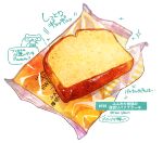  blurry bread bread_slice food food_focus highres momiji_mao no_humans original plastic_wrap pound_cake simple_background still_life translation_request white_background 