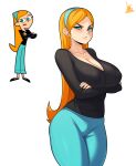  1girl alternate_breast_size aqua_eyes aqua_hairband aqua_pants blush breasts cleavage cowboy_shot crossed_arms danny_phantom derivative_work hairband highres jazz_fenton jmg large_breasts long_hair long_sleeves orange_hair reference_work signature simple_background solo very_long_hair white_background 