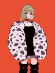  1girl animal_print bangs black_choker black_dress blush brown_hair choker cow_print dress fur_coat grey_eyes heart heart_choker highres kisaragi_yuu_(fallen_sky) looking_at_viewer original red_background shirt short_hair signature simple_background smile solo white_shirt 