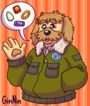  absurd_res anthro arte_fact black_eyes brown_body brown_fur canid canine canis clothing domestic_dog fluffy fur gem ginnin32 hi_res jacket male mammal pawpads smile speech_bubble topwear webkinz 