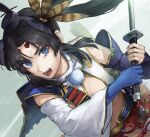  1girl armor bangs black_hair blue_eyes breast_curtains breasts detached_sleeves fate/grand_order fate_(series) feathers hair_bun hair_feathers hat japanese_armor katana kouzuki_kei long_hair looking_at_viewer medium_breasts mismatched_sleeves open_mouth parted_bangs side_bun side_ponytail sidelocks sword ushiwakamaru_(fate/grand_order) very_long_hair weapon wide_sleeves 