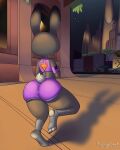  2020 4:5 anthro big_butt bottomwear building butt city cityscape clothing dipstick_ears disney english_text female footwear fur grey_body grey_fur gym_bottomwear gym_clothing gym_shorts headphones hi_res jogging judy_hopps lagomorph leporid mammal midriff mightycock_(artist) multicolored_ears on_one_leg outside portable_music_player rabbit rear_view shirt shorts sidewalk signature socks solo standing stirrup_footwear tank_top text thick_thighs tight_clothing toeless_footwear topwear wide_hips zootopia 