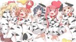  5girls :d :o animal_print bangs barefoot bell black_hair blonde_hair blue_eyes blush bottle brown_eyes brown_hair character_doll closed_eyes commentary cow_hood cow_print fang flower green_eyes hair_flower hair_ornament hair_ribbon hairclip highres himesaka_noa holding_hands hood hood_down hood_up hoshino_hinata hoshino_miyako_(wataten) konomori_kanon light_brown_hair long_hair long_sleeves lying makuran milk_bottle multiple_girls on_back on_side one_side_up open_mouth pajamas pink_eyes print_pajamas red_hair red_ribbon ribbon shirosaki_hana short_hair smile stuffed_cow tanemura_koyori twintails watashi_ni_tenshi_ga_maiorita! x_hair_ornament 