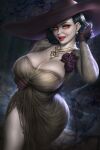  1girl :q alcina_dimitrescu black_hair breasts cleavage curvy earrings flower gloves glowing glowing_eyes hat huge_breasts jewelry neoartcore pale_skin purple_gloves resident_evil resident_evil_8 short_hair solo tongue tongue_out veins wide_hips 