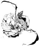  1girl ascot bat_wings bow fang fifiruu frills greyscale hat hat_ribbon mob_cap monochrome puffy_sleeves remilia_scarlet ribbon ribbon_trim short_hair solo touhou wings 