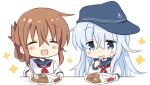  2girls black_sailor_collar blue_eyes brown_hair closed_eyes commentary_request curry curry_rice eating flat_cap folded_ponytail food hat hibiki_(kantai_collection) highres hizuki_yayoi holding holding_spoon inazuma_(kantai_collection) kantai_collection long_hair multiple_girls neckerchief red_neckwear rice sailor_collar sailor_shirt school_uniform serafuku shirt silver_hair smile spoon upper_body white_background 