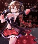  .live alternate_costume armpits blurry blurry_background blush bow breasts brown_hair commentary_request detached_sleeves fingerless_gloves gloves hair_bow highres long_hair looking_at_viewer medium_breasts microphone navel one_eye_closed open_mouth red_eyes sleeveless stage stigma2021 virtual_youtuber yaezawa_natori 