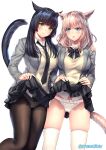  2girls :o animal_ears arm_around_shoulder aruma_jiki ass_visible_through_thighs bangs beige_vest black_bow black_hair black_legwear black_neckwear black_skirt blue_eyes bow bow_panties bowtie breasts cameltoe cat_ears cat_girl cat_tail collar collared_shirt eyebrows_visible_through_hair facial_mark final_fantasy final_fantasy_xiv frilled_panties frills green_eyes grey_jacket hand_on_another&#039;s_shoulder jacket large_breasts lifted_by_self light_blush long_hair miqo&#039;te multiple_girls necktie open_clothes open_jacket open_mouth over-kneehighs panties panties_under_pantyhose pantyhose pink_hair pleated_skirt school_uniform shirt side-tie_panties simple_background skindentation skirt skirt_lift smile striped striped_panties tail thighband_pantyhose thighhighs thighs twitter_username underwear uniform white_background white_collar white_legwear white_panties 