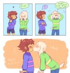  &lt;3 ambiguous_gender asriel_dreemurr blush bovid caprine comic duo fur goat holding_head human kissing male mammal monster protagonist_(undertale) simple_background text undertale unknown_artist video_games white_body white_fur young 