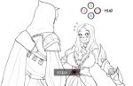  1boy 1girl assassin&#039;s_creed_(series) assassin&#039;s_creed_ii blush breasts commentary english_commentary ezio_auditore_da_firenze fate/grand_order fate_(series) flying_sweatdrops gameplay_mechanics height_difference hood imminent_hug large_breasts leonardo_da_vinci_(fate/grand_order) long_hair minkye monochrome parody quick_time_event 