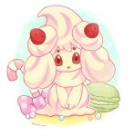  alcremie alcremie_(strawberry_sweet) alcremie_(vanilla_cream) artist_name bow brown_eyes candy candy_cane colored_sclera commentary_request food fruit gen_8_pokemon hands_together happy looking_at_viewer macaron no_humans open_mouth outline pink_bow pokemon pokemon_(creature) polka_dot polka_dot_bow red_sclera rorosuke smile solo strawberry twitter_username v_arms 