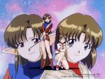  1990s_(style) 1996 2girls anjela ball bangs between_fingers blue_eyes brown_hair company_name copyright crossed_arms eyebrows_visible_through_hair hair_tubes hammer holding holding_ball holding_hammer holding_weapon lilith_(megami_paradise) long_hair looking_at_viewer megami_paradise multiple_girls official_art open_mouth pointy_ears red_eyes short_hair smile squatting standing turtleneck weapon wristband yamauchi_noriyasu 