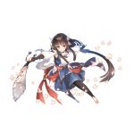  1girl animal_ears antlers bangs black_legwear brown_eyes brown_hair bug butterfly eyebrows_visible_through_hair full_body highres holding holding_weapon insect kawata_hisashi long_sleeves minagi_(utawareru_mono) official_art outstretched_arms smile solo spread_arms transparent_background utawareru_mono utawareru_mono:_lost_frag weapon 