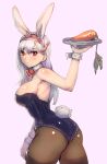  1girl animal_ears ass bare_shoulders bow_(bhp) breasts brown_legwear bunny_ears bunny_tail carrot carrot_hair_ornament closed_mouth cowboy_shot dot_mouth food_themed_hair_ornament from_behind hair_ornament hairband hand_up holding holding_tray large_breasts leotard long_hair looking_at_viewer mole mole_under_eye original pantyhose pink_background purple_leotard red_eyes simple_background solo standing tail tray white_hair wrist_cuffs 