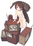  1girl android bangs black_bow black_eyes blush bow breasts brown_hair closed_mouth collarbone commentary completely_nude cookie_(touhou) eyebrows_visible_through_hair frilled_bow frills full_body glowing glowing_eye hair_bow hakurei_reimu highres large_bow looking_at_viewer miyako_(naotsugu) mochiya_(cookie) navel nipples nude pussy radio ribs short_hair simple_background sleeveless small_breasts solo standing television touhou white_background white_sleeves zenra 