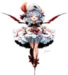  1girl ascot bat_wings blood blue_hair dress fang fifiruu hat hat_ribbon mob_cap pink_dress puffy_sleeves red_eyes remilia_scarlet ribbon short_hair solo touhou wings 