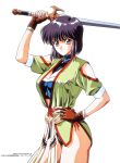  1990s_(style) 1994 1girl arm_up bangs black_hair brown_gloves clothing_cutout company_name copyright cowboy_shot fingerless_gloves gloves hand_on_hip highres holding holding_sword holding_weapon looking_at_viewer megami_paradise nail_polish official_art over_shoulder pink_nails rouge_(megami_paradise) short_sleeves shoulder_cutout simple_background smile solo sword sword_over_shoulder weapon weapon_over_shoulder white_background yoshizane_akihiro 