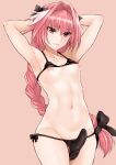  1boy armpits arms_behind_head arms_up astolfo_(fate) bangs bare_shoulders bikini black_bikini blush bow braid braided_ponytail cocq_taichou collarbone erection erection_under_clothes fate/apocrypha fate_(series) hair_bow hair_intakes long_hair looking_at_viewer micro_bikini multicolored_hair navel nipples otoko_no_ko penis pink_hair purple_eyes streaked_hair swimsuit thighs white_hair 