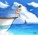  1girl absurdres bare_legs barefoot bikini bikini_bottom bird blue_background blue_eyes blue_hair blue_sky boat cloud cloudy_sky hat hatsune_miku highres horizon huge_filesize jerrisonso leaning_forward leaning_on_rail long_hair mountain mountainous_horizon ocean railing red_bikini seagull shirt signature sitting sky smile solo sunlight swimsuit twintails very_long_hair vocaloid water watercraft 