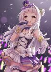  absurdres arata_(xin) armpits bangs bow breasts dress frills gloves glowstick hair_bun hair_ornament hairband hand_up hat highres holding holding_microphone hololive idol long_hair microphone murasaki_shion music open_mouth sidelocks silver_hair singing skirt small_breasts thigh_strap upper_teeth virtual_youtuber white_bow white_gloves yellow_eyes 
