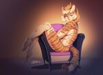  2020 5_fingers anthro blue_eyes breasts chair claws digital_media_(artwork) feet felid feline female fingers fur furniture hair luxarman mammal nude pancake_(character) pantherine simple_background sitting smile solo striped_body striped_fur stripes tiger toe_claws toes 