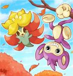  aipom animal_focus artist_name autumn_leaves black_eyes blue_sky brown_sclera cloud colored_sclera commentary_request day floating gen_2_pokemon gen_8_pokemon gossifleur grin hanging happy highres leaf looking_at_viewer looking_to_the_side no_humans open_mouth outdoors outline pokemon pokemon_(creature) prehensile_tail rorosuke sky smile tail teeth tree twitter_username upside-down white_outline yellow_eyes 