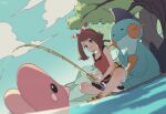  1girl bangs bare_arms bike_shorts blush bow_hairband brown_hair closed_mouth cloud collarbone commentary_request day fanny_pack fishing fishing_rod from_below gen_3_pokemon hairband hari611 highres holding holding_fishing_rod indian_style looking_at_viewer luvdisc marshtomp may_(pokemon) medium_hair outdoors pokemon pokemon_(creature) pokemon_(game) pokemon_oras red_hairband red_shirt shirt shoes shorts sitting sky sleeveless sleeveless_shirt smile tree water 