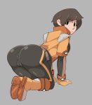  1girl all_fours ass bangs belt bent_over bodysuit boots breasts brown_belt brown_bodysuit brown_eyes brown_hair cameltoe closed_mouth covered_anus cropped_jacket eyebrows_visible_through_hair eyes_visible_through_hair fat_mons from_behind frown gloves grey_background grey_bodysuit highres jacket knee_boots labia long_hair long_sleeves looking_at_viewer looking_back mii_(nintendo) mii_gunner mons_pubis orange_footwear orange_gloves orange_jacket raging_barbarians shiny shiny_clothes short_hair short_sleeves simple_background single_stripe skin_tight solo source_request striped_bodysuit super_smash_bros. thighs 