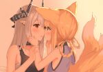  2girls age_difference animal_ears arknights bandages bangs bare_arms bare_shoulders black_choker black_tank_top blonde_hair blush choker commentary_request eye_contact eyebrows_visible_through_hair fox_ears fox_tail highres horns long_hair looking_at_another mudrock_(arknights) multiple_girls parted_lips pointy_ears red_eyes sarashi silver_hair suzuran_(arknights) tail tank_top upper_body yuetsu yuri 