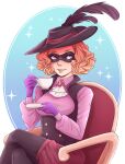  1girl abominaticus brown_hair chair cravat cup domino_mask gloves hat hat_feather highres mask okumura_haru persona persona_5 persona_5_the_royal puffy_sleeves purple_eyes purple_gloves shorts sideways_glance smile teacup 