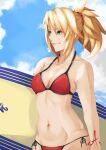  anime_coloring azmoreuz beach bikini blonde_hair cloud cloudy_sky fate/grand_order fate_(series) green_eyes highres mordred_(fate)_(all) mordred_(swimsuit_rider)_(fate) ocean outdoors sky surfboard surfing swimsuit 