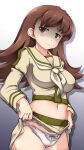  1girl 547th_sy bangs breasts brown_eyes brown_hair closed_mouth eyebrows_visible_through_hair gradient gradient_background highres kantai_collection large_breasts lifted_by_self long_hair long_sleeves midriff navel neckerchief ooi_(kantai_collection) panties remodel_(kantai_collection) sailor_collar school_uniform serafuku shaded_face simple_background skirt skirt_lift solo underwear wavy_mouth white_panties 