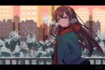  .live 1girl brown_hair building_block bush commentary_request fence headband heavy_breathing highres long_hair looking_at_viewer red_eyes sena_(illust-cat-love) shadow snowing solo twitter_username virtual_youtuber winter winter_clothes yaezawa_natori 