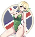  1girl absurdres blonde_hair blue_eyes braid braided_bun breasts casual_one-piece_swimsuit cleavage commentary_request cowboy_shot dated green_swimsuit highleg highleg_swimsuit highres honma_(honmatomohiro) kantai_collection medium_breasts one-piece_swimsuit perth_(kantai_collection) short_hair solo swimsuit twitter_username white_background 