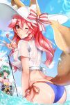  animal_ears artist_revision ass bikini fate/grand_order horns japanese_clothes kitsune kiyohime_(fate/grand_order) open_shirt see_through sezoku swimsuits tail tamamo_no_mae weapon wet wet_clothes 