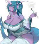  2021 animal_humanoid big_breasts blue_hair breasts cleavage clothed clothing colored_nails ear_fins elijah_zx female fin hair horn humanoid jewelry kiseru marine marine_humanoid nails necklace purple_body purple_skin sharp_nails simple_background smoke smoking_pipe solo white_background 
