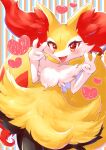  aije blush braixen commentary_request double_v eyelashes fang gen_6_pokemon happy heart highres open_mouth outline pokemon pokemon_(creature) pose red_eyes smile solo tongue v white_fur yellow_fur 