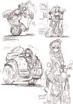  4girls absurdres amane_kanata angel_wings greyscale ground_vehicle hands_together highres himemori_luna hololive hoshimachi_suisei jumping looking_at_viewer looking_to_the_side mizukiri_fuurai monochrome motor_vehicle motorcycle multiple_girls sitting sketch smile tokoyami_towa twintails vending_machine virtual_youtuber wheelie wings 