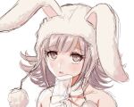  1girl animal_ears animal_hood bangs blush bunny_hood commentary criis-chan danganronpa_(series) danganronpa_2:_goodbye_despair detached_collar english_commentary eyebrows_visible_through_hair flipped_hair hand_up holding hood light_brown_hair looking_at_viewer nanami_chiaki neck_ribbon official_alternate_costume open_mouth pink_eyes portrait red_ribbon ribbon shiny shiny_hair simple_background sketch solo white_background work_in_progress 