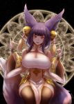  alternate_breast_size alternate_costume alternate_hairstyle animal_ears breasts cleavage detached_sleeves erune fang fox_ears fox_girl fox_shadow_puppet fox_tail gollizo granblue_fantasy highres large_breasts mandala red_eyes tail thighhighs wide_sleeves yuel_(granblue_fantasy) 