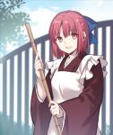  1girl apron bangs blue_bow blush bow broom brown_kimono cloud commentary_request day eyebrows_visible_through_hair frilled_apron frills hair_between_eyes hair_bow hipo holding holding_broom japanese_clothes kimono kohaku_(tsukihime) leaf long_sleeves looking_at_viewer maid maid_apron open_mouth outdoors red_hair short_hair sky smile solo tree tsukihime wa_maid white_apron wide_sleeves yellow_eyes 