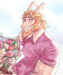  absurd_res anthro asgore_dreemurr beard blonde_hair blue_eyes boss_monster bouquet bovid caprine clothed clothing facial_hair flower fur ghangaji hair hi_res holding_bouquet horn male mammal pink_clothing pink_shirt pink_topwear plant shirt solo topwear undertale video_games white_body white_fur 