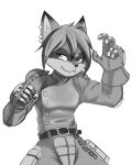  4:5 anthro belt capcom chain closed_fist clothed clothing cosplay crotch_plate digital_media_(artwork) female gloves hair handwear hi_res looking_aside looking_away mammal monochrome procyonid raccoon rival_schools shoulder_pads simple_background sketch smile smirk solo standing vecnarvi video_games white_background 