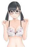  1girl absurdres bangs bare_shoulders black_eyes black_hair blush bow bow_bra bra breasts cleavage closed_mouth collarbone commentary_request floral_print gibun_(sozoshu) glasses grey_eyes hands_up highres long_hair long_sleeves looking_at_viewer medium_breasts navel original simple_background smile solo stomach twintails underwear upper_body white_background white_bra 