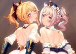  2girls ass back bangs barbara_(genshin_impact) bare_shoulders blonde_hair blue_eyes blush bow breasts breasts_outside dress gauntlets genshin_impact hair_bow jean_gunnhildr large_breasts long_hair looking_at_viewer looking_back mckeee medium_breasts multiple_girls pantyhose ponytail siblings sidelocks sisters tongue tongue_out twintails white_dress white_headwear white_sleeves 