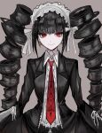  1girl akitsu_(davis0527dx) bangs black_hair black_jacket celestia_ludenberg center_frills closed_mouth collared_shirt commentary_request cowboy_shot danganronpa:_trigger_happy_havoc danganronpa_(series) drill_hair earrings frills gothic_lolita grey_background highres jacket jewelry lolita_fashion long_hair long_sleeves looking_at_viewer necktie open_clothes open_jacket pale_skin red_eyes red_neckwear ribbon shirt smile solo twin_drills twintails white_shirt 