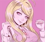  1girl ahoge akamatsu_kaede bangs blonde_hair breasts commentary danganronpa_(series) danganronpa_v3:_killing_harmony eighth_note gloves hair_ornament hands_up large_breasts long_hair long_sleeves looking_at_viewer missarilicious musical_note musical_note_hair_ornament necktie pale_skin pink_background pink_sweater_vest portrait purple_eyes shirt signature simple_background smile solo sweater_vest upper_body white_shirt 